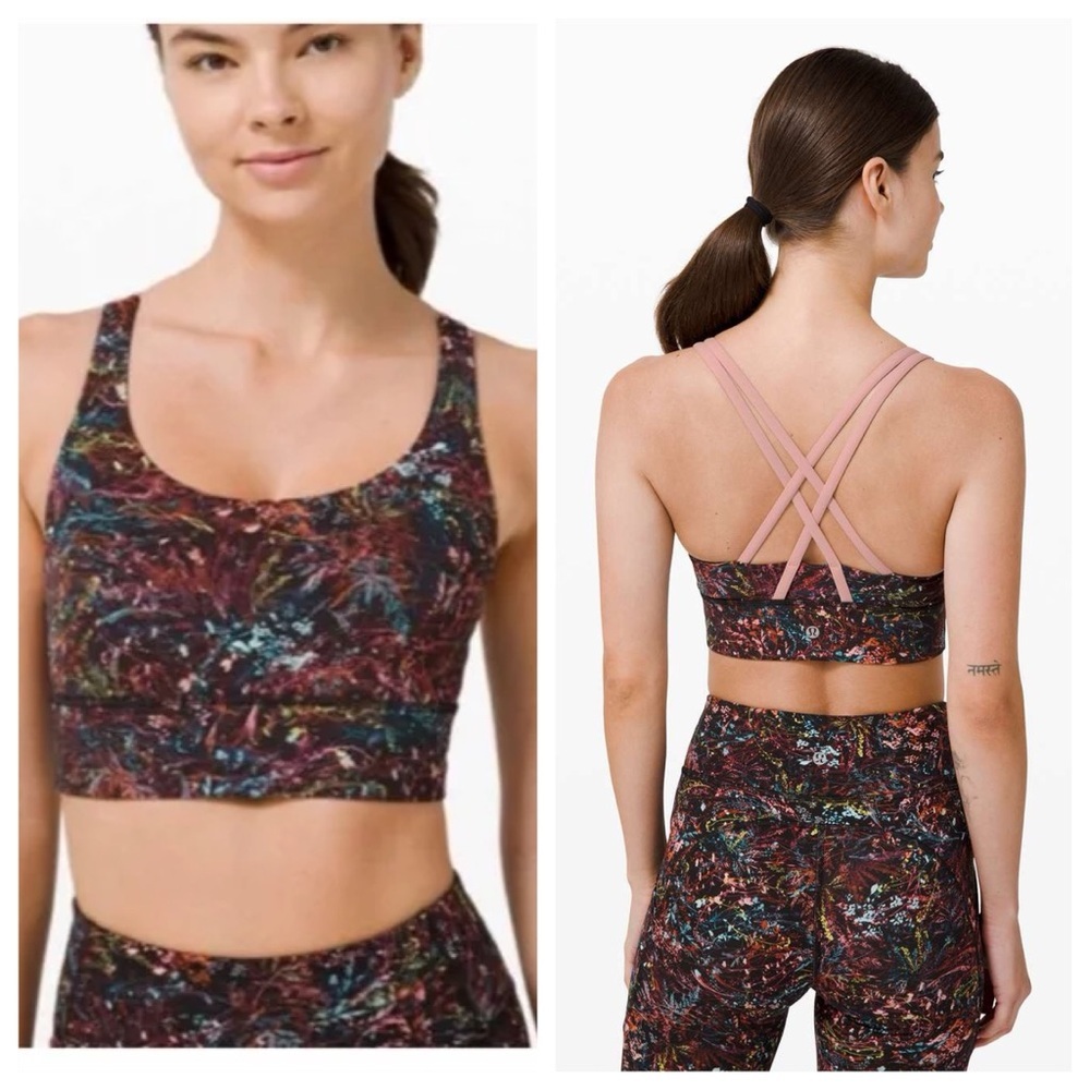 Lululemon sz 6 Energy Bra Long Line B-D Cup Foliage Overlay Multi Pink Pastel